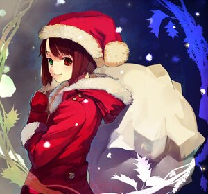 Rating: Safe Score: 0 Tags: 1girl brown_hair christmas gloves green_eyes hat heterochromia hood_down image looking_at_viewer red_eyes santa_costume santa_hat short_hair smile solo souseiseki User: admin