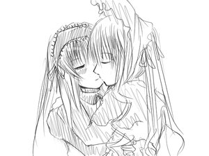 Rating: Safe Score: 0 Tags: 2girls blush closed_eyes greyscale hairband image kiss long_hair monochrome multiple_girls pair ribbon shinku simple_background sketch suigintou upper_body white_background yuri User: admin