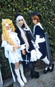 Rating: Safe Score: 0 Tags: 3girls black_footwear blindfold blonde_hair boots brown_hair dress eyepatch green_eyes hat long_hair multiple_cosplay multiple_girls pantyhose shoes standing tagme white_hair white_legwear User: admin