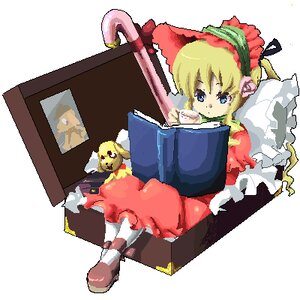 Rating: Safe Score: 0 Tags: 1girl blonde_hair blue_eyes bonnet dress full_body image in_box long_hair long_sleeves pixel_art rose shinku solo transparent_background User: admin