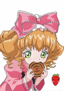 Rating: Safe Score: 0 Tags: 1girl bow dress eating food fruit green_eyes hair_bow hina_ichigo hinaichigo holding holding_food image long_sleeves looking_at_viewer pink_bow solo upper_body white_background User: admin