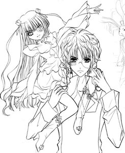 Rating: Safe Score: 0 Tags: 1boy 1girl barasuishou boots carrying dress formal frills glasses greyscale image long_hair long_sleeves looking_at_viewer monochrome princess_carry short_hair solo suit very_long_hair User: admin