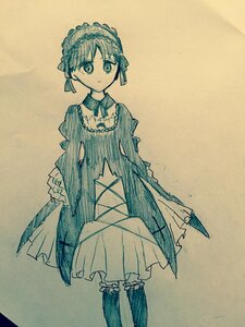 Rating: Safe Score: 0 Tags: 1girl bangs boots closed_mouth dress eyebrows_visible_through_hair frilled_hairband frills image long_sleeves looking_at_viewer monochrome sleeves_past_fingers sleeves_past_wrists solo standing suigintou traditional_media User: admin