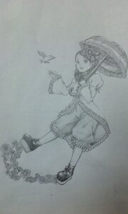 Rating: Safe Score: 0 Tags: 1girl bird bloomers full_body greyscale hair_ornament image kanaria long_sleeves monochrome shoes solo traditional_media umbrella wide_sleeves User: admin