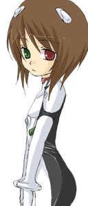 Rating: Safe Score: 0 Tags: 1girl bodysuit brown_hair cowboy_shot dress green_eyes heterochromia image long_sleeves looking_at_viewer looking_back red_eyes short_hair simple_background solo souseiseki white_background User: admin