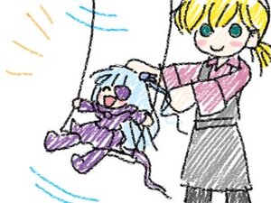 Rating: Safe Score: 0 Tags: 2girls barasuishou blonde_hair blue_hair bow_(weapon) chibi dress enju hakama image long_sleeves multiple_girls smile solo User: admin