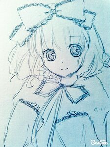 Rating: Safe Score: 0 Tags: 1girl artist_name blue_theme bow dated eyebrows_visible_through_hair hair_bow hinaichigo image kagiyama_hina looking_at_viewer monochrome ribbon short_hair smile solo traditional_media twitter_username upper_body User: admin