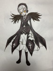 Rating: Safe Score: 0 Tags: 1girl black_footwear black_wings boots dress frills full_body image long_sleeves looking_at_viewer short_hair solo standing suigintou traditional_media white_hair wings yellow_eyes User: admin