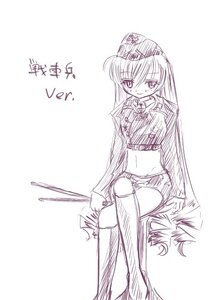 Rating: Safe Score: 0 Tags: 1girl crossed_legs garrison_cap hat image long_hair midriff military military_uniform monochrome navel sitting sketch smile solo suigintou uniform User: admin