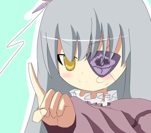 Rating: Safe Score: 0 Tags: 1girl auto_tagged barasuishou blush dress eyebrows_visible_through_hair eyepatch image index_finger_raised long_sleeves looking_at_viewer pointing ribbon smile solo yellow_eyes User: admin