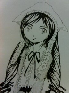 Rating: Safe Score: 0 Tags: 1girl bonnet dress frills greyscale image long_hair long_sleeves looking_at_viewer monochrome photo ribbon simple_background solo suiseiseki traditional_media upper_body User: admin