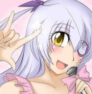 Rating: Safe Score: 0 Tags: 1girl barasuishou blush bow close-up collarbone hair_ribbon image long_hair microphone open_mouth ribbon silver_hair smile solo yellow_eyes User: admin