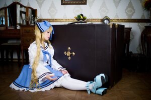 Rating: Safe Score: 0 Tags: 1girl aria_company_uniform blonde_hair blue_eyes dress high_heels long_dress long_hair long_sleeves on_floor photo shinku sitting solo white_dress User: admin
