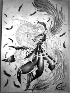 Rating: Safe Score: 0 Tags: 1girl bird black_feathers dress feathers floating_hair flower frills greyscale hairband image long_hair long_sleeves monochrome ribbon seagull signature solo suigintou very_long_hair wings User: admin