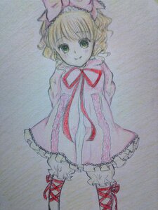Rating: Safe Score: 0 Tags: 1girl blonde_hair bloomers bow dress frills green_eyes hair_bow hina_ichigo hinaichigo image long_sleeves looking_at_viewer pink_bow ribbon short_hair smile solo standing traditional_media underwear white_bloomers User: admin