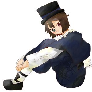 Rating: Safe Score: 0 Tags: 1girl blush brown_hair capelet hat heterochromia image long_sleeves looking_at_viewer looking_back pantyhose red_eyes short_hair sitting solo souseiseki striped top_hat underwear User: admin