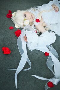 Rating: Safe Score: 0 Tags: 1girl dress eyepatch flower kirakishou lips long_hair petals red_flower red_rose rose solo white_hair User: admin