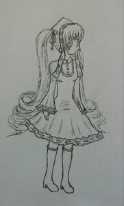 Rating: Safe Score: 0 Tags: 1girl bare_shoulders boots chain dress full_body greyscale hatsune_miku image knee_boots long_hair monochrome shinku solo standing traditional_media very_long_hair User: admin