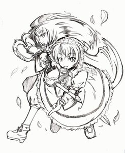 Rating: Safe Score: 0 Tags: 2girls boots dress frills full_body greyscale hat holding_hands image long_hair long_sleeves monochrome multiple_girls pair petals short_hair smile souseiseki standing striped suiseiseki User: admin