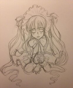 Rating: Safe Score: 0 Tags: 1girl bow dress drill_hair frills image long_hair long_sleeves monochrome shinku sketch solo traditional_media very_long_hair User: admin
