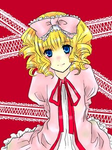 Rating: Safe Score: 0 Tags: 1girl blonde_hair blue_eyes blush bow dress drill_hair frills hair_bow hina_ichigo hinaichigo image long_sleeves looking_at_viewer pink_bow pink_dress red_background ribbon short_hair solo User: admin