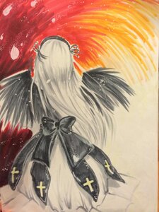Rating: Safe Score: 0 Tags: 1girl black_dress black_ribbon cross dress facing_away flower hairband image long_hair long_sleeves petals ribbon solo suigintou traditional_media watercolor_(medium) wings User: admin