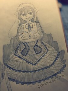 Rating: Safe Score: 0 Tags: 1girl apron blurry depth_of_field dress hair_between_eyes image long_hair looking_at_viewer monochrome neck_ribbon photo smile solo stuffed_animal suiseiseki traditional_media twin_braids twitter_username User: admin