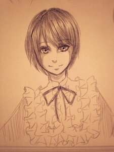 Rating: Safe Score: 0 Tags: 1girl bangs closed_mouth eyebrows_visible_through_hair frills image looking_at_viewer monochrome neck_ribbon ribbon short_hair simple_background smile solo souseiseki traditional_media User: admin