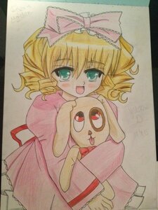 Rating: Safe Score: 0 Tags: 1girl blonde_hair blush bow colored_pencil_(medium) crossover dress drill_hair frills green_eyes hair_bow hina_ichigo hinaichigo image long_sleeves looking_at_viewer marker_(medium) open_mouth pink_bow pink_dress shikishi short_hair simple_background smile solo traditional_media User: admin