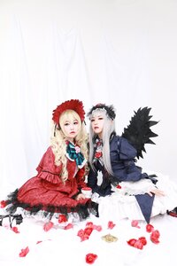 Rating: Safe Score: 0 Tags: 1boy 1girl blonde_hair blue_eyes dress flower hat long_hair multiple_cosplay petals rose sitting striped tagme User: admin