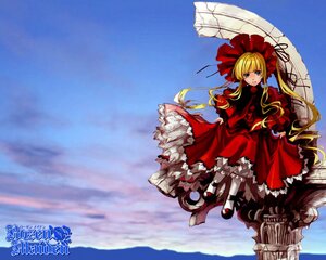 Rating: Safe Score: 0 Tags: 1girl blonde_hair bonnet bow dress frills image lolita_fashion long_hair long_sleeves red_dress shinku shoes solo twintails umbrella User: admin