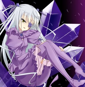 Rating: Safe Score: 0 Tags: 1girl barasuishou boots dress eyepatch flower frills image long_hair long_sleeves purple_dress purple_flower purple_legwear ribbon rose silver_hair sitting solo thighhighs umbrella very_long_hair yellow_eyes User: admin