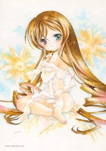 Rating: Safe Score: 0 Tags: 1girl bare_shoulders barefoot blush brown_hair flower green_eyes heterochromia image long_hair looking_at_viewer looking_back marker_(medium) off_shoulder pastel_(medium) red_eyes sitting solo suiseiseki traditional_media very_long_hair wariza User: admin