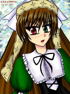 Rating: Safe Score: 0 Tags: 1girl auto_tagged brown_hair dress frills green_dress green_eyes head_scarf heterochromia image long_hair long_sleeves looking_at_viewer open_mouth red_eyes solo suiseiseki User: admin
