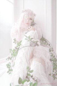 Rating: Safe Score: 0 Tags: 1girl artist_name blurry closed_mouth depth_of_field dress flower kirakishou long_hair long_sleeves plant sitting solo vines white_dress white_hair white_theme User: admin
