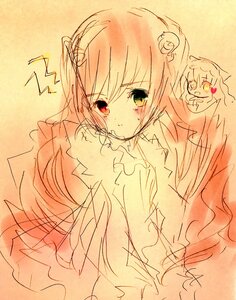 Rating: Safe Score: 0 Tags: blush flower hair_flower hair_ornament heterochromia image long_hair monochrome multiple_girls red_eyes shinku solo spot_color torn_clothes User: admin