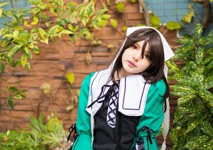 Rating: Safe Score: 0 Tags: 1girl brick_wall brown_hair dress head_scarf heterochromia ivy leaf lips long_hair long_sleeves looking_at_viewer outdoors plant potted_plant red_eyes ribbon solo suiseiseki upper_body vines User: admin