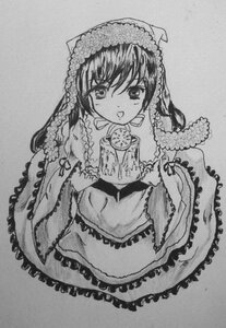 Rating: Safe Score: 0 Tags: 1girl dress frills greyscale image long_hair looking_at_viewer monochrome open_mouth photo smile solo suiseiseki traditional_media User: admin