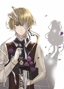 Rating: Safe Score: 0 Tags: 1boy barasuishou blonde_hair enju eyepatch flower gloves green_eyes image petals purple_flower ribbon rose solo User: admin