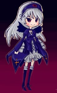 Rating: Safe Score: 0 Tags: 1girl blush chibi dress frills full_body hairband image knee_boots long_hair long_sleeves pink_eyes silver_hair smile solo standing suigintou wings User: admin
