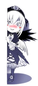 Rating: Safe Score: 0 Tags: 1girl black_wings blush dress frills gothic_lolita hairband image lolita_fashion long_sleeves nose_blush rose smile solo suigintou white_background wings User: admin