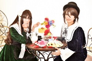 Rating: Safe Score: 0 Tags: 2girls brown_eyes brown_hair chair dress flower food hat long_hair multiple_cosplay multiple_girls rose sitting suiseiseki table tagme User: admin