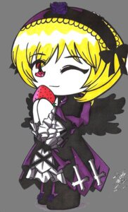 Rating: Safe Score: 0 Tags: 1girl black_footwear blonde_hair chibi closed_mouth dress eyebrows_visible_through_hair food frills fruit full_body gothic_lolita grapes hairband holding holding_fruit image lolita_fashion long_sleeves one_eye_closed short_hair signature simple_background smile solo strawberry suigintou white_background User: admin