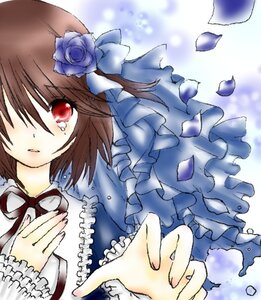 Rating: Safe Score: 0 Tags: 1girl blue_flower brown_hair dress flower frills hair_flower hair_ornament hands_clasped image interlocked_fingers long_sleeves out_of_frame red_eyes ribbon rose short_hair solo souseiseki tears User: admin
