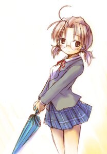 Rating: Safe Score: 0 Tags: 1girl ahoge antenna_hair blazer blue_skirt blush brown_eyes brown_hair closed_umbrella glasses holding holding_umbrella human jacket long_sleeves looking_at_viewer mizumoto_tadashi plaid plaid_skirt pleated_skirt rozen_maiden sakurada_nori school_uniform short_twintails simple_background skirt solo twintails umbrella white_background User: admin