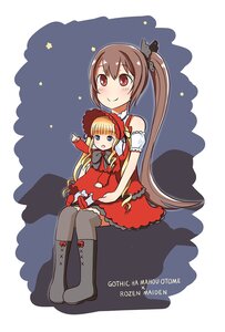 Rating: Safe Score: 0 Tags: 2girls blonde_hair blue_eyes blush boots bow brown_hair dress image long_hair multiple_girls ponytail red_dress red_eyes shinku sitting smile solo thighhighs very_long_hair User: admin