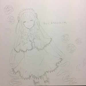Rating: Safe Score: 0 Tags: 1girl closed_eyes closed_mouth dress flower image long_hair long_sleeves monochrome pink_rose rose shinku smile solo traditional_media very_long_hair white_rose User: admin