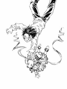 Rating: Safe Score: 0 Tags: black_hair greyscale image monochrome pants sakurada_jun shinku solo striped striped_shirt traditional_media User: admin