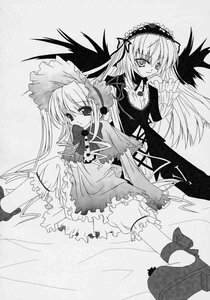 Rating: Safe Score: 0 Tags: 2girls bloomers blush dress frills greyscale hairband hat image long_hair long_sleeves looking_at_viewer monochrome multiple_girls pair shinku sitting suigintou underwear wings User: admin