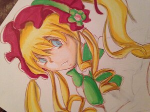 Rating: Safe Score: 0 Tags: 1girl blonde_hair blue_eyes bonnet bow bowtie dress flower green_bow green_neckwear hat image long_hair marker_(medium) rose shinku simple_background solo traditional_media twintails upper_body User: admin